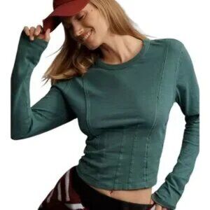 Anthropologie Pilcro Green Long Sleeve Seamed 100% Cotton Crop‎ Tee Sz XXS- NWT